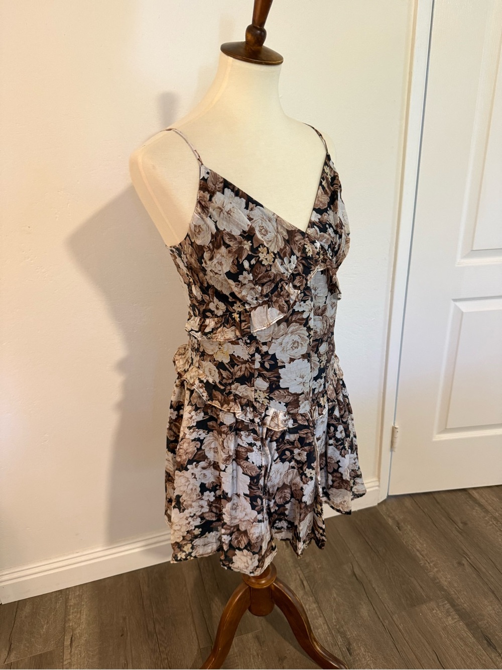 Abercrombie & Fitch Brown and Cream Floral Spaghetti Strap Mini Dress
